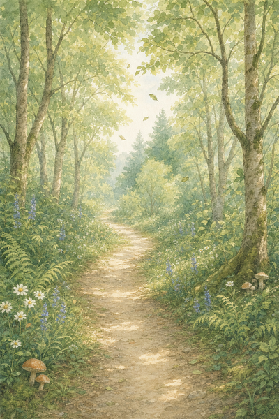 Critter Walk bunny companion walking through a soft illustrated landscape.
